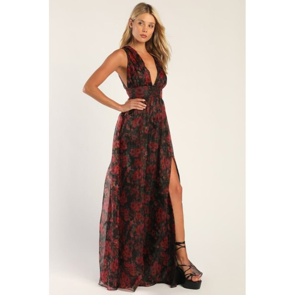 Lulus Garden Of Passion Organza Maxi Dress Black Red Floral Size L Wimsigoth